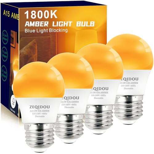 ZEQIDOU Amber Sleep Light Bulbs Dimmable Blue Light Blocking A15 E26 5W(40 Watt Equivalent) Dim Light Bulb 1800K Warm Light Bulbs for Healthy Sleep Bedroom Kids Room 4-Pack