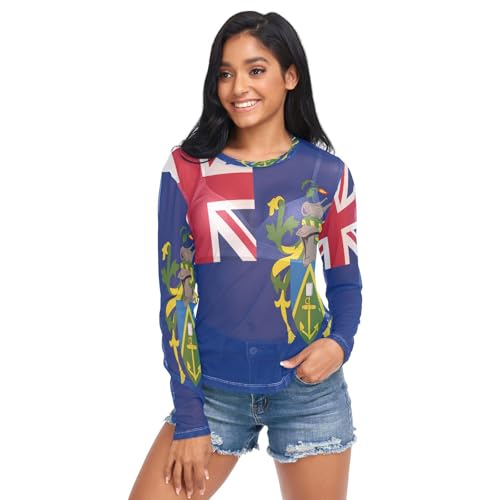 Camiseta transparente para mujer, cuello redondo, malla transparente, talla S, Bandera de las Islas Pitcairn, Large