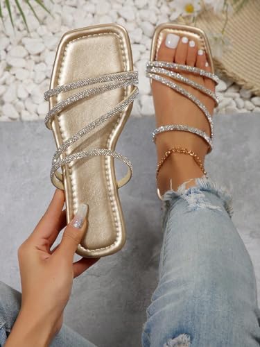 OYOANGLE Women's Rhinestone Flat Sandals Strappy Slip on Open Toe Slide Sandals Squared Slippers2