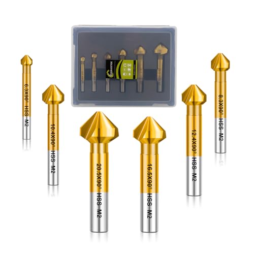 SANLEETEK Fraise à Chanfreiner HSS - Titane Plaqué Fraise à Noyer Foret à Fraiser Métal pour Acier Inoxydable Fer Aluminium Cuivre Bois 6 pièces (6,3/8,3/10,4/12,4/16,5/20,5mm), Tige Ronde