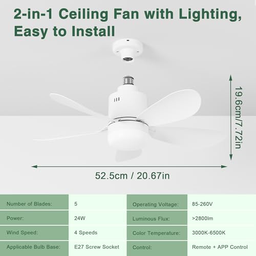 Sanweyter Deckenventilator mit Beleuchtung, 53CM Deckenlampe Deckenleuchte mit Ventilator Fernbedienung APP, Deckenventilator Klein 3000K-6500K Farbtemperatur, 4 Windstufen, Timer