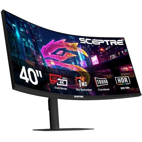 New! Sceptre Curved 39.7-inch 5K2K 5120 x 2160 UHD+ Prime Gaming Monitor up to 180Hz 1000R 1ms DisplayPort X2 HDMI X2 Build-in Speakers, Height Adjustable Machine Black 2027 (C415B-UUS360 Series)