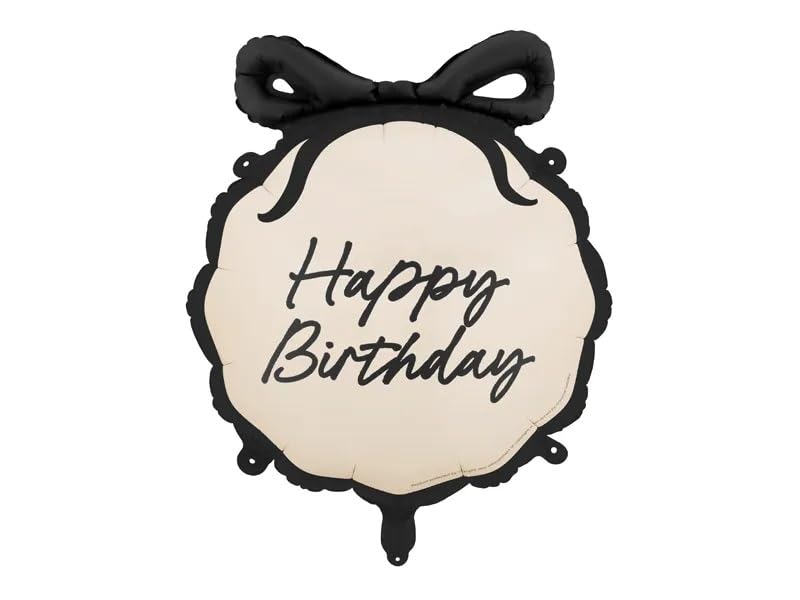 Happy Birthday Foil Balloon, Round Tablet Shape with Black Bow, Cream and Black, 47.5 x 45 cm