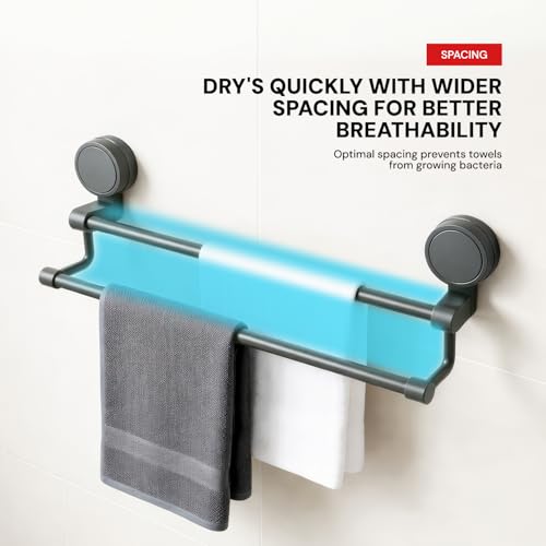 Image of MIORAH Suction Towel Holder for Bathroom - Rust - Free Powder Coated Wall Mounted Towel Rack No Drill Towel Rack Modern Bathroom Accessories Organizer Grey