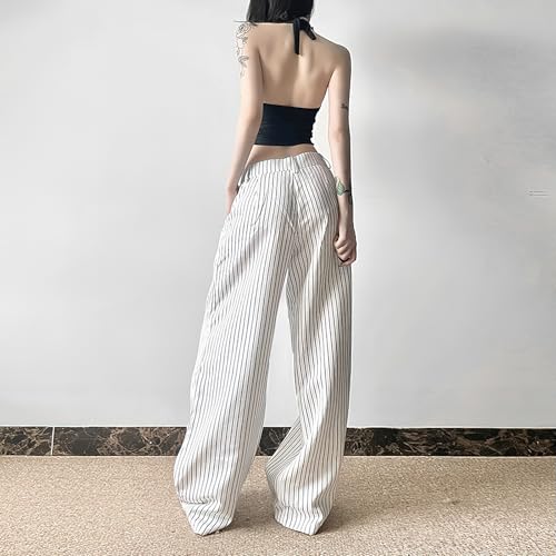 Viatabuna Women's Casual Striped Wide Leg Pants Low Waisted Y2K Baggy Pants Lounge Pinstripe Lightweight Trousers Work Pants2
