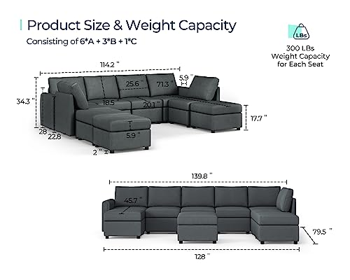 Linsy Home Modular Sectional Sofa, Oversized Sectional Couch With Storage, Ottomans, Modular Sectional Sleeper Sofa With Memory Foam, 9 Seat U Shape Sofa Set For Living Room, Dark Grey #TOP1