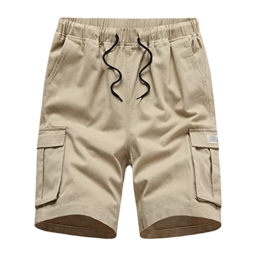 Maiyifu-GJ Men's Elastic Waist Cargo Shorts Relaxed Fit Casual Drawstring Outdoor Shorts Multi Pockets Summer Short Pants (Khaki,Large)