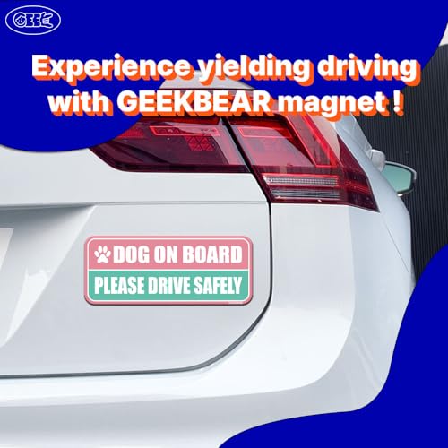 Image of GEEKBEAR Dog on Board Car Magnet - Colorful, Reflective, Weather-Resistant - Rectangular 8.7 x 3.5 in (Light Pink /Turquoise)