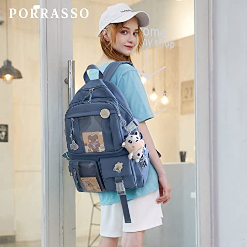 PORRASSO Cute Backpack Ladies Daypack Nylon Bookbag with Ornaments Women Rucksack for Casual Hiking Camping Blue2