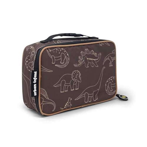 Dinosaur-print Urban Infant toddler lunch box with clear front card pocket — the allergy alert cards are what make it a daycare bag rather than an adult one