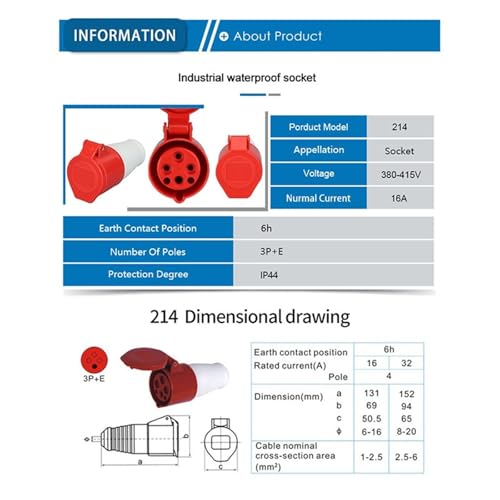 1PCS IP44 Waterproof Industrial Cable Connector - 16A 380V-415V Male Female Electrical Power Conditioning(314)