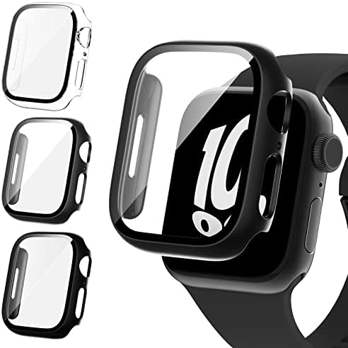 Fullife 3 Pack Compatible for Apple Watch Series 8 7 41mm Screen Protector Built in 9H Tempered Glass Film Overall Hard PC Protective Case for iWatch 41mm (Black/Starlight/Transparent)