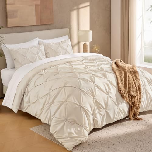 Image of Andency Queen Pinch Pleat Comforter Set (90 inchx90 inch),3 Piece Lightweight Pintuck Bedding Comforters & Sets, Fluffy Down Alternative Comforter with 2 Pillow Shams for All Season,Beige