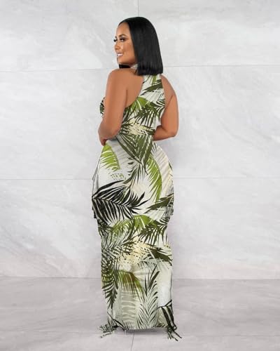 Image of YUEWOO 2 Piece Outfits for Women Sexy Crop Top Ruched Bodycon Maxi Dresses Fringe Skirt Sets Night Club Jumpsuits