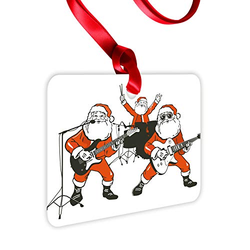 Lunarable Funny Flat Ornament, Santa Claus Rock Band Playing Drums Guitar Father Christmas Show Print, Rectangle Aluminum Semi Gloss Hanging Decor Tree Decoration, 2" X 3", Orange Charcoal Grey #TOP1