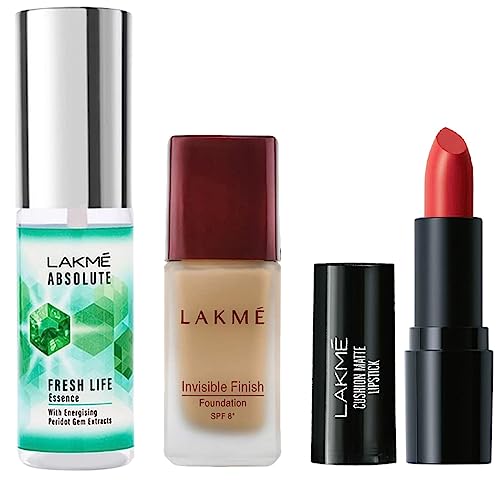 Image of Lakme Absolute Pore Fix Toner, 60 ml&Lakme Invisible Finish SPF 8 Liquid Foundation25 ml&Lakme Cushion Matte Lipstick, Red Blaze, 4.5 g