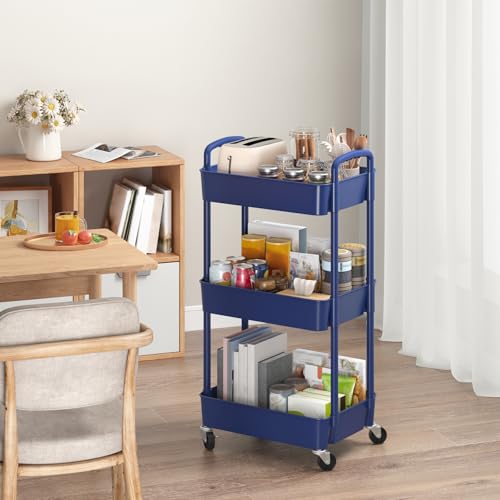 Image of Sywhitta 3-Tier Plastic Rolling Utility Cart with Wheels for Storage,Blue | Multi-Functional Storage Trolley, for Office, Living Room, Kitchen, Bathroom,Movable Organizer,Space-Saving,Easy to assemble