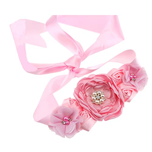 Lauthen.S Maternity Pregnancy Flower Sash Belt, Floral Pearls Sash for Baby Gender Reveal Party/Baby Shower
