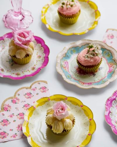 Talking Tables | 12x Disposable Vintage Floral Paper Plates | Disposable Dishes For Birthday, Mother's Day Afternoon Tea Table Decorations, Baby Shower, Wedding Pink, Blue, Yellow