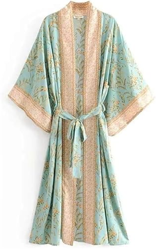 FENXIXIONE Albornoz largo tipo kimono para mujer, con estampado floral, cárdigan de playa, bata tipo kimono, cubierta de bikini, satén de seda, vintage, bata de baño (verde, S)