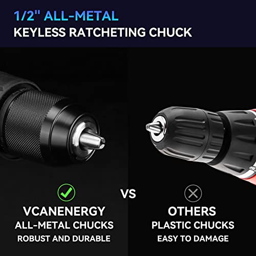 Vcanenergy 20V Brushless Cordless Power Drill, 25+3 Hammer Drill Driver, 530 In-Lbs Torque, 1/2” Metal Keyless Chuck, 2-Variable Speeds With 1X2.0Ah Batteries And Charger #TOP3