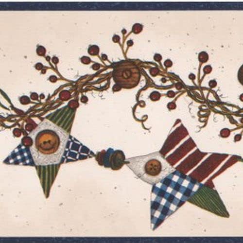 CONCORD WALLCOVERINGS ™ Prepasted Wallpaper Border Quilted Stars Buttons and Berries, Colors Beige Red Green, Size 5 Inches by 15 Feet FAM65011B