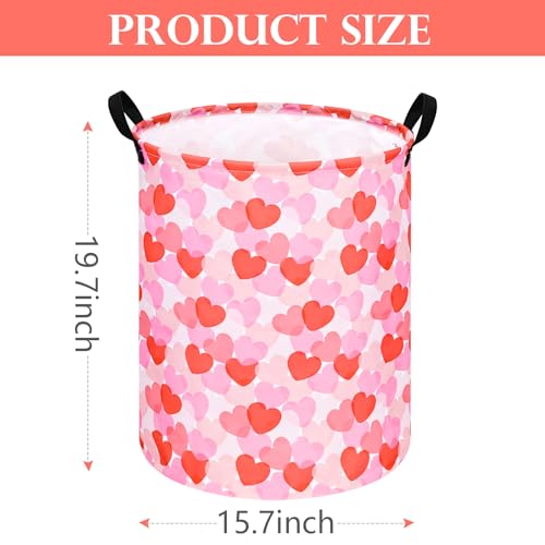 Image of Round Valentine's Heart Pattern Laundry Hamper Clothes Storage Basket Fabric Storage Hamper Organization Storage Bin, Nursery Box,Gift Basket with Handles
