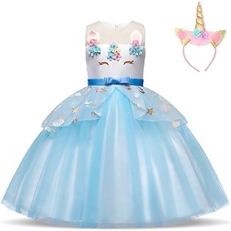 TTYAOVO Girls Unicorn Costume Dress Kids Applique Birthday Party Princess Dresses Size(120) 4-5 Years Blue