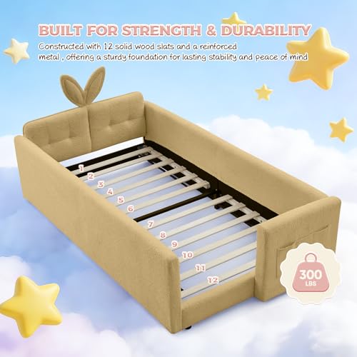 Image of Twin Size Bed Frame for Kids, Upholstered Daybed Frame Floor Bed with Safety Rails and Storage Pocket Cute Rabbit Ear Shaped Headboard for Kids Teens Boys Girls, Yellow
