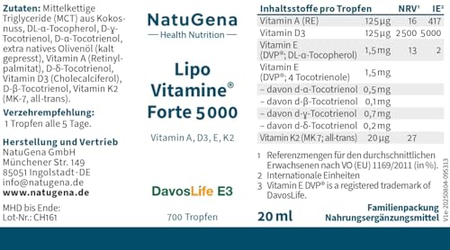 NatuGena Lipo Vitamine 5000, Vitamin D3, E, K, A, trägt zu einer normalen Funktion des Immunsystems bei, 20 ml / 700 Tropfen (Familienpackung)
