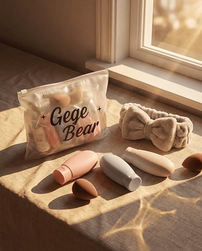 Image of Gege Bear 38-Piece Complete Beauty & Skincare Kit for Women | Spa Headband + Wrist Bands, 18 Sponges & Puffs, 8 Travel Bottles, Collapsible Brush Cleaning Tub, Eyelash Curler, Tweezers, Foundation Brush | All-in-One Makeup Starter & Travel Kit | (Baby Pink, 38 PCS)