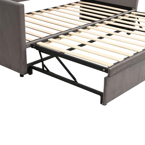 Tagesbett Ausziehbar 90/180x200 cm, Schlafcouch Polsterbett mit Lattenrahmen, 2-Sitzer Sofa mit Schlaffunktion, Doppelbett Funktionsbett, Samtstoff (Grau) – Bild 7