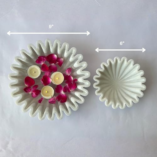 Image of Marble Urli Bowl for Decoration | Big Potpourri Decorative Bowls in Home decor | Large White Floating Flower Plates of Stone | Small Shape puja Item | (9 inch, Ruffle)