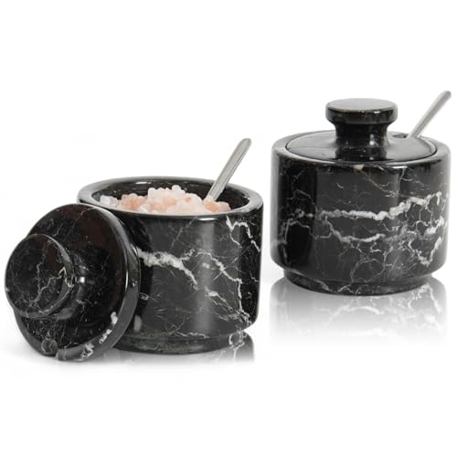 MARBLOUS KRAFTS Bodega de sal de mármol con tapa y cuchara, caja de sal de Navidad con diseño de cebra negra de 3 pulgadas para regalo, juego pequeño moderno de 2 unidades de almacenamiento de azúcar
