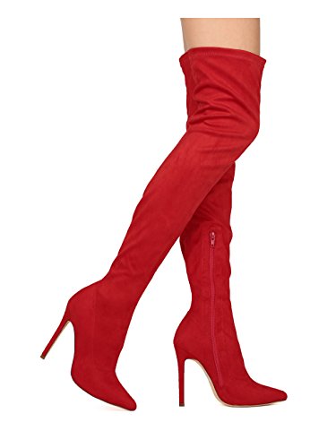 Liliana Gisele-7 Red faux Suede Pointy Toe Thigh High Single Sole Stiletto Boot (8.5)