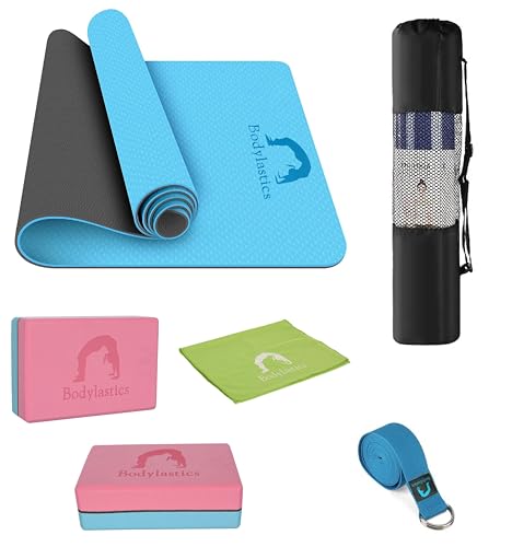 Image of Bodylastics Yoga Mat for Men and Women with Carry Bag TPE 6ft x 2ft x 6mm Large Size Anti Slip & Anti Tear Workout Mat