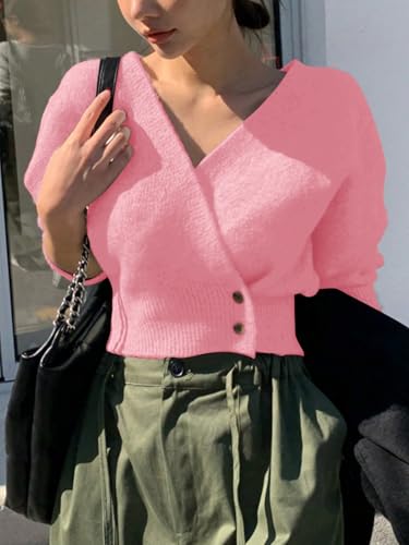 Image of WDIRARA Women's Wrap V Neck Sweater Button Front Long Sleeve Crop Knitted Top