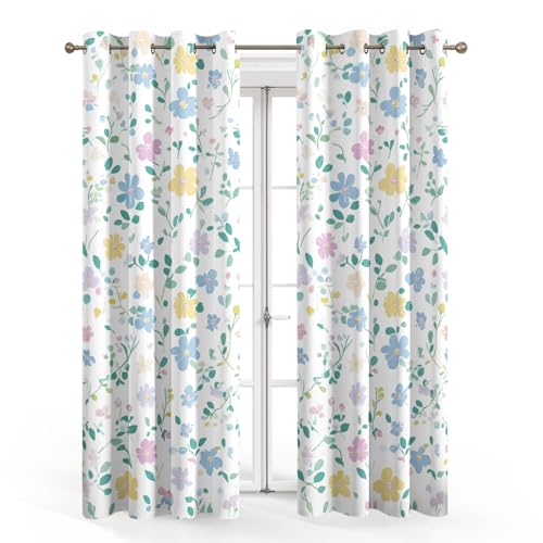 SZLYZM Yellow Pink Blue Flower Botanical Blackout Curtains, Floral Green Leaf Bedroom & Living Room Curtains 66x54 Inch 2 Panels Set, Thermal Eyelet Drapes Patterned Window Treatments 54 Drop - Image 2