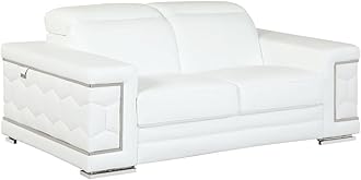 Blackjack Furniture Usry Top Grain Italian Leather Loveseat with Multi-Position Adjustable Headrests, Elegant Contemporary Design with Chrome Trim and Durable Wood Frame, White
