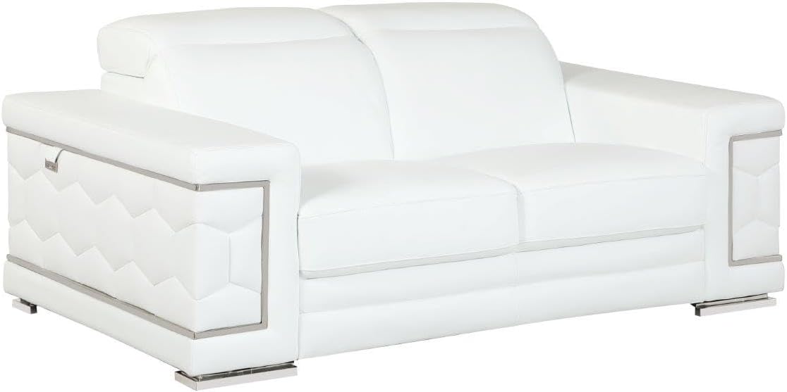 Blackjack Furniture Usry Top Grain Italian Leather Loveseat with Multi-Position Adjustable Headrests, Elegant Contemporary Design with Chrome Trim and Durable Wood Frame, White