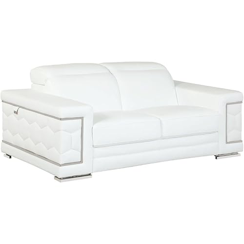 Blackjack Furniture Usry Top Grain Italian Leather Loveseat with Multi-Position Adjustable Headrests, Elegant Contemporary Design with Chrome Trim and Durable Wood Frame, White