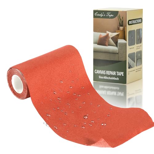 Image of Linen Canvas Repair Tape, 4 inch x 63 inch Orange Waterproof Self-Adhesive Patch for Outdoor Gear, Durable and Weatherproof Fabric Tape for Boat Covers, Tents, Sofas, Sun Shades, Awnings, and Lounge Chairs