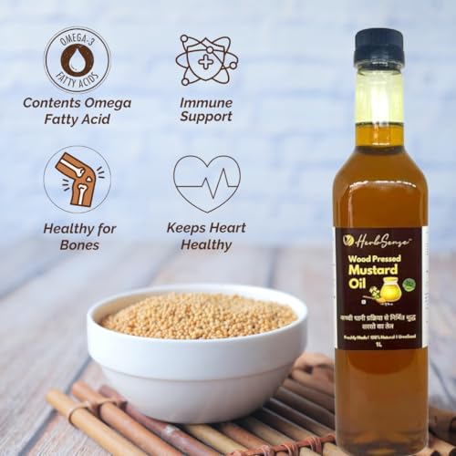 Image of Herbsense Wood Cold Pressed Mustard Oil,Sarso Ka tel- Unrefined & Unfiltered -Zero Added Preservatives & Chemicals,Kachi Ghani /Marachekku Oil,Pure Healthy Cooking Oil,Hair Oil, 1L Pack of 2