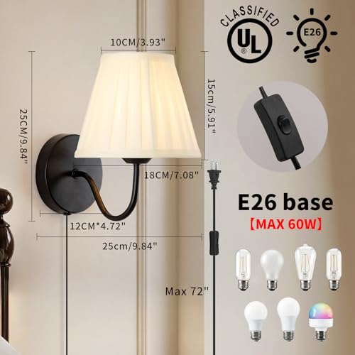 Image of Plug in Wall Sconces with White Fabric Shades, Black Wall Sconces Set of Two, Modern Wall Lighting Fixture with On /Off Switch, Indoor Corded Wall Lamp for Bedroom, Living Room, Hallway, Bedside