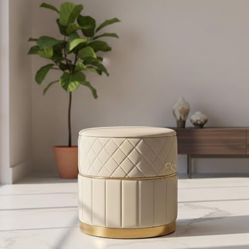 Image of Set of 2 Round Velvet Ottoman Footstool Gold Base - Tufted Upholstered Pouffe Stool for Living Room, Bedroom & Dressing Area (Cream)