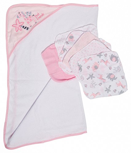 Little Beginnings Zoo Print Hooded Towel and Washcloths Gift Set, Pink