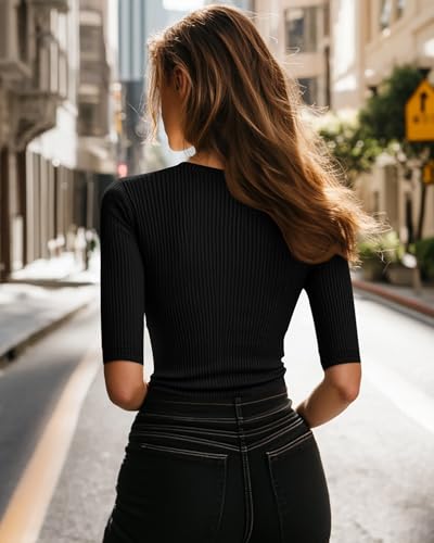 Riyiper 3 Pack Women's Half Sleeve Tops, Elbow Length Ribbed Cotton T Shirt Crew Neck Summer Tee Slim Fit Casual Blouses4