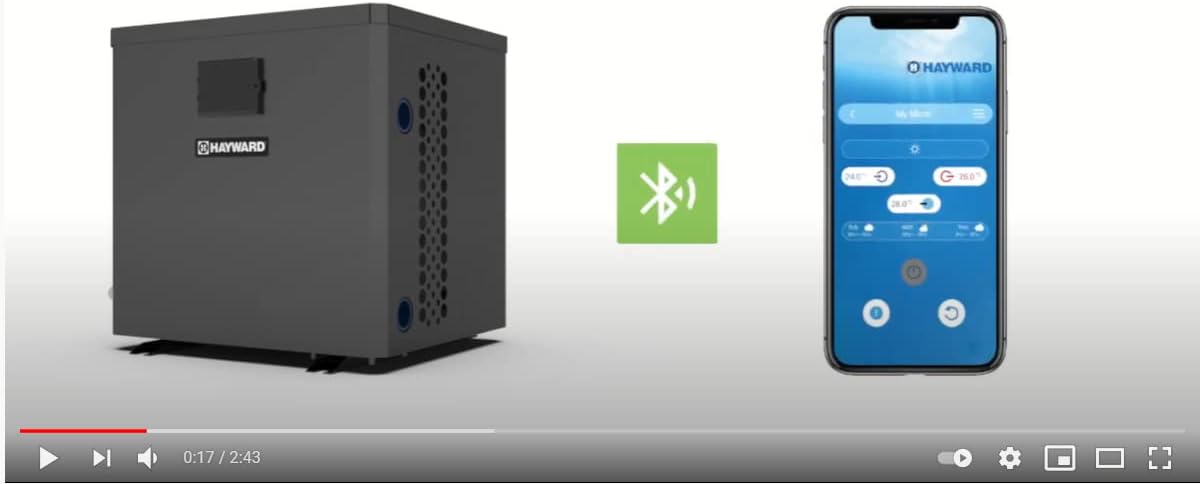 Hayward Micro 3.5KW Mono Heat Pump with Bluetooth icon and smartphone showing app
