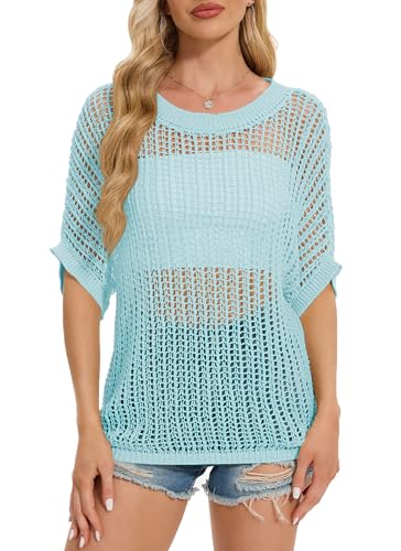 Image of LOZ Womens Summer Scoop Neck 3 /4 Sleeve Sweater Casual Crochet Hollow Out Knit Tops Pullover Shirts Beach Coverup