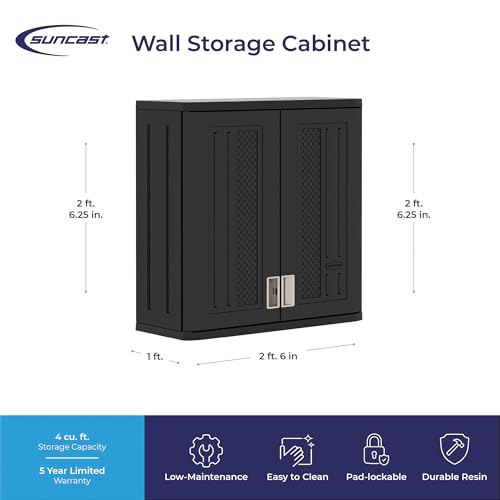 Image of Suncast Wall Storage Cabinet for Garage Organization - 4 Cu. Ft. Wall Mounted Garage Cabinet with Shelf for Garden Supplies, Paint Cans & Outdoor Tools, Multi-Wall Resin Construction, Black